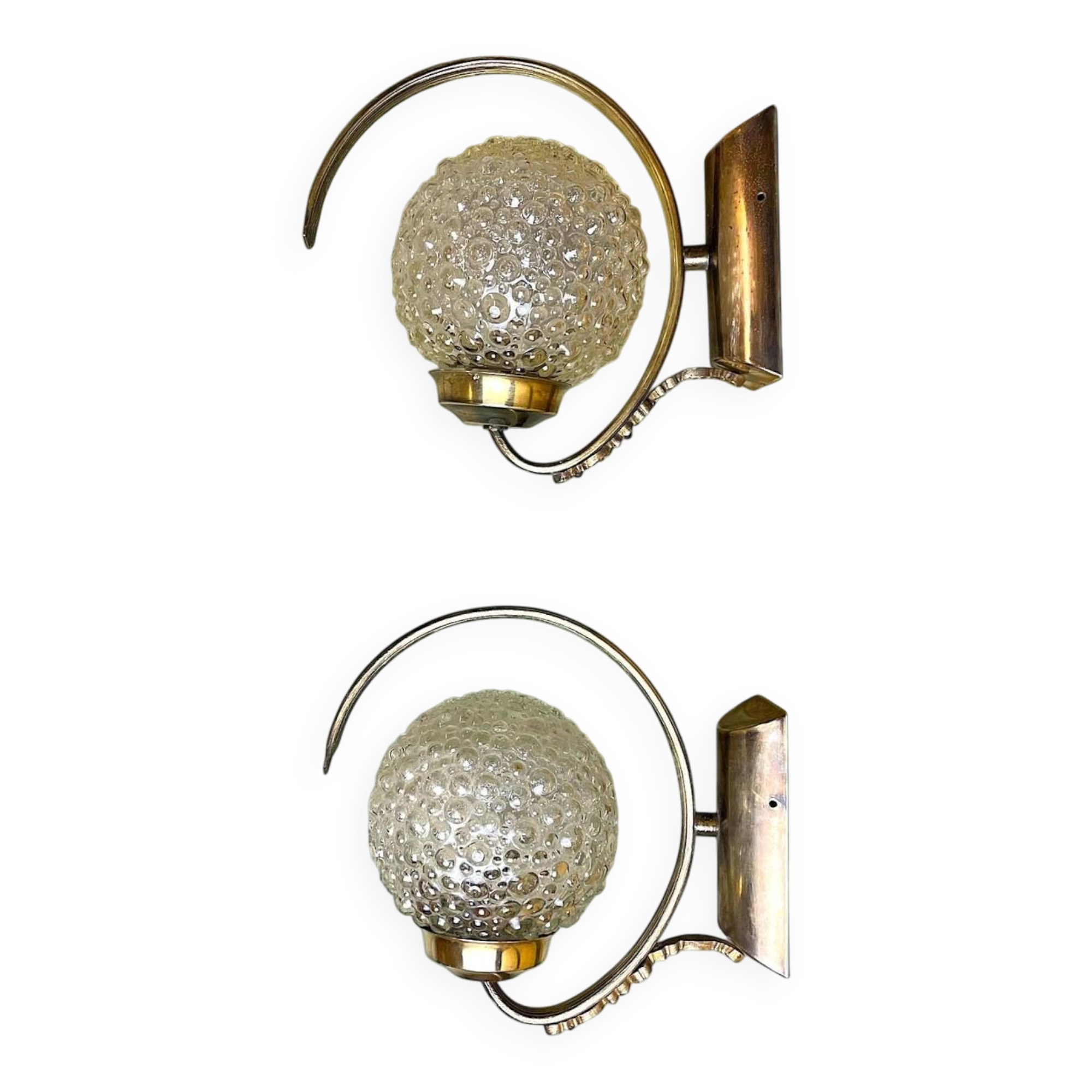 Pair of 1970s brass and glass wall sconces