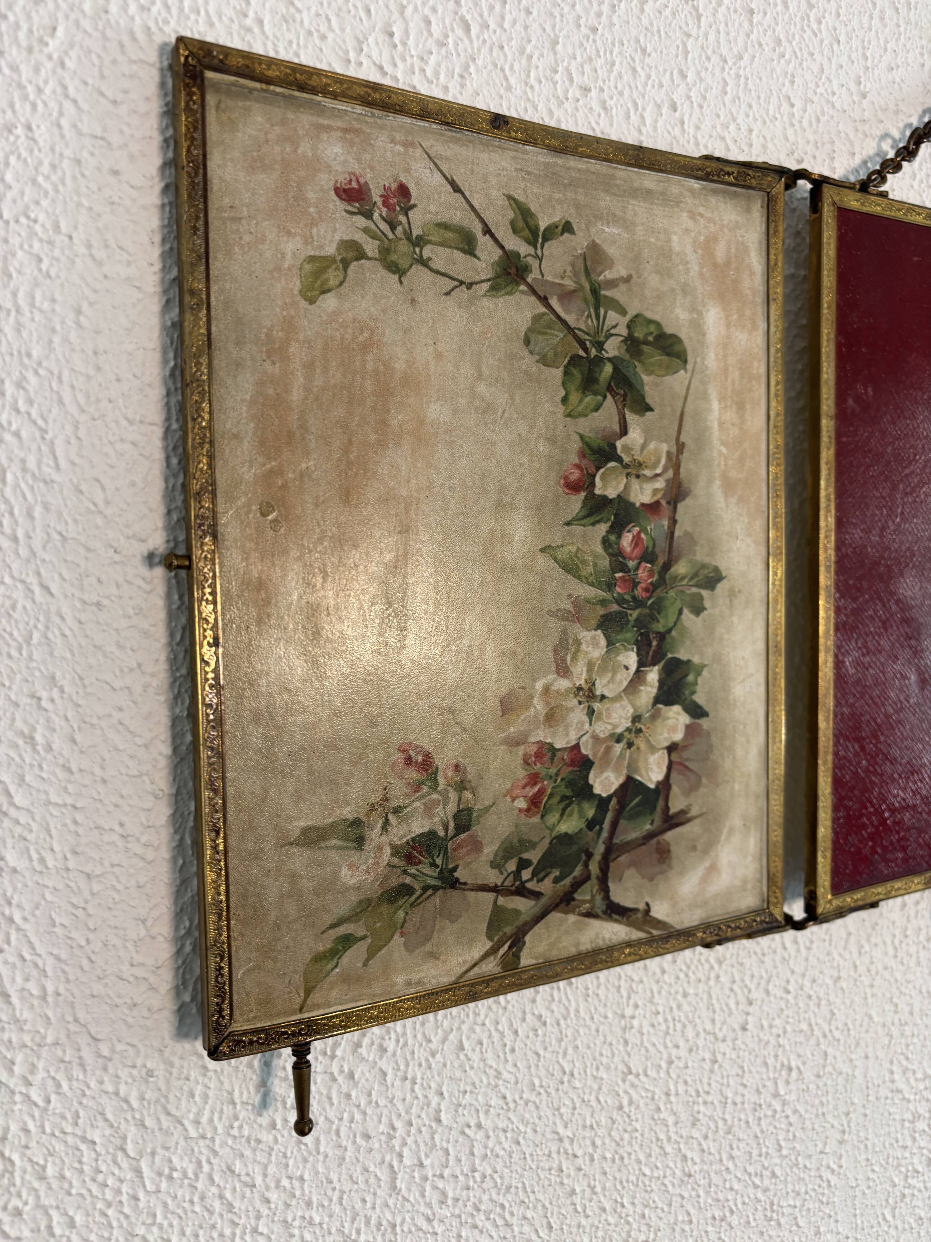 Vintage 1900s triptych barber mirror JB gilt burgundy - 30 x 67 cm