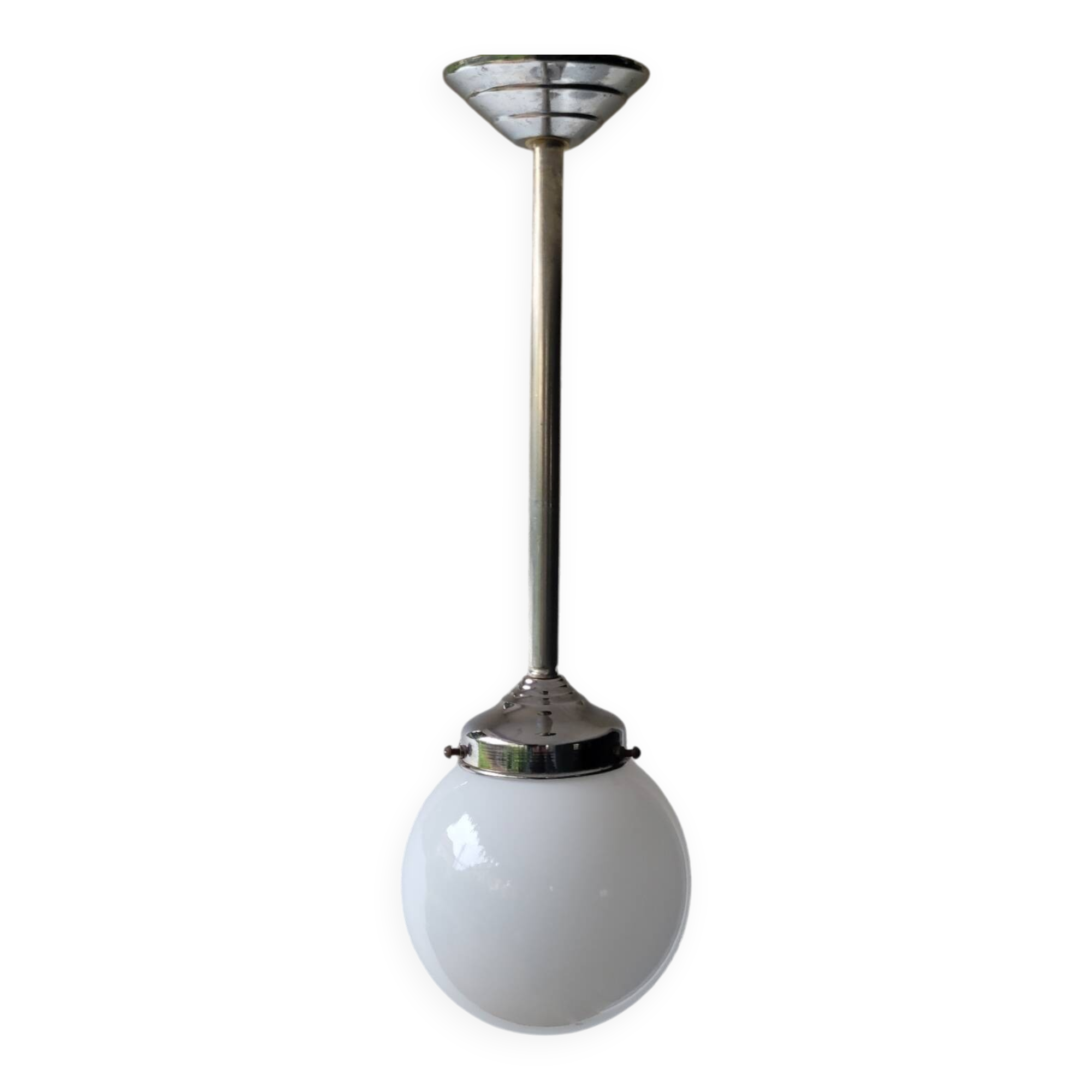Opaline and chrome-plated metal globe pendant light – 1950s