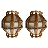 Set of 2 Danish large wood veneer and fabric wall sconces, 1970s