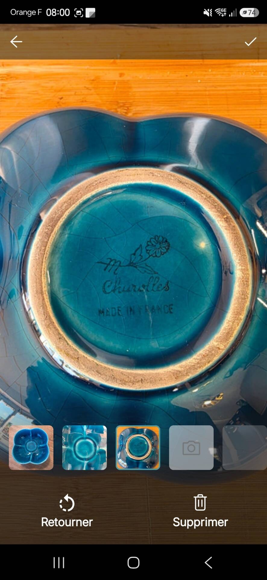 Turquoise crackled earthenware pocket bowl from Charolles