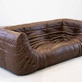 Vintage two-seater Togo sofa with arms in brown leather by Michel Ducaroy for Ligne Roset, 1970s