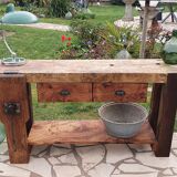 Old elm workbench, elm magnifying glass and oak. Renovated and pampered. 190cm.