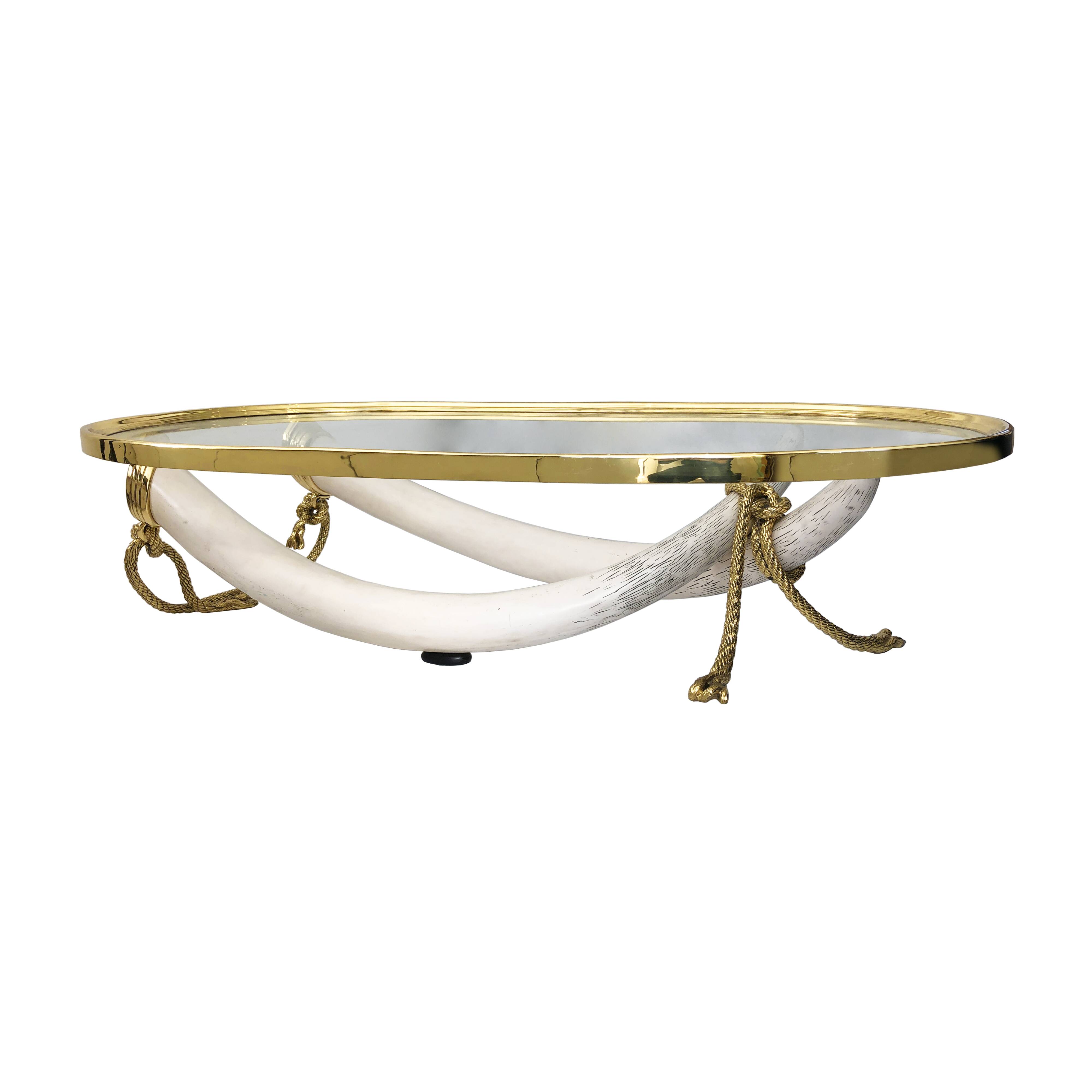 Italo Valenti Brass And Faux Elephant Tusks Coffee Table 1970s Glass Gold