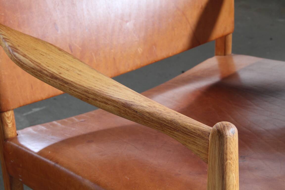 Pair of vintage Per-Olof Scotte "Premier 69" oak armchairs in cognac leather