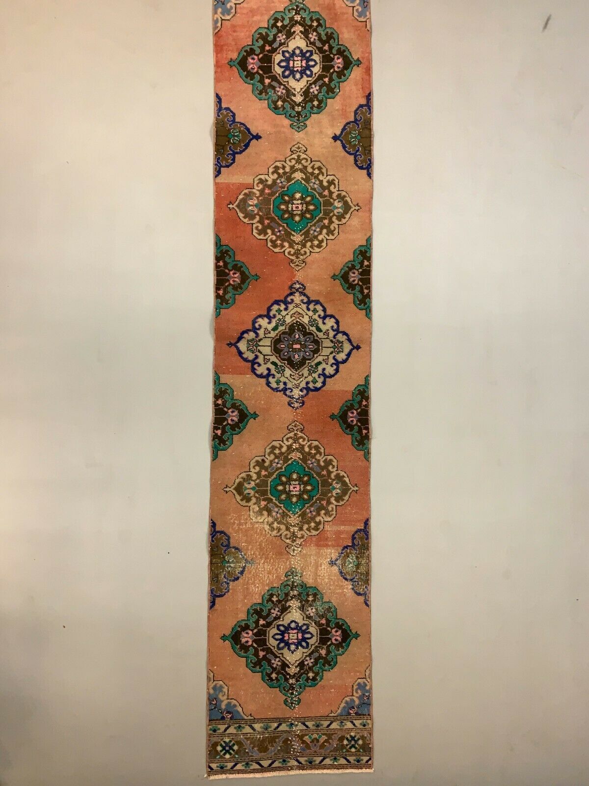 Distressed Turkish Runner 380x72 cm wool Vintage Tribal Rug Pink Green