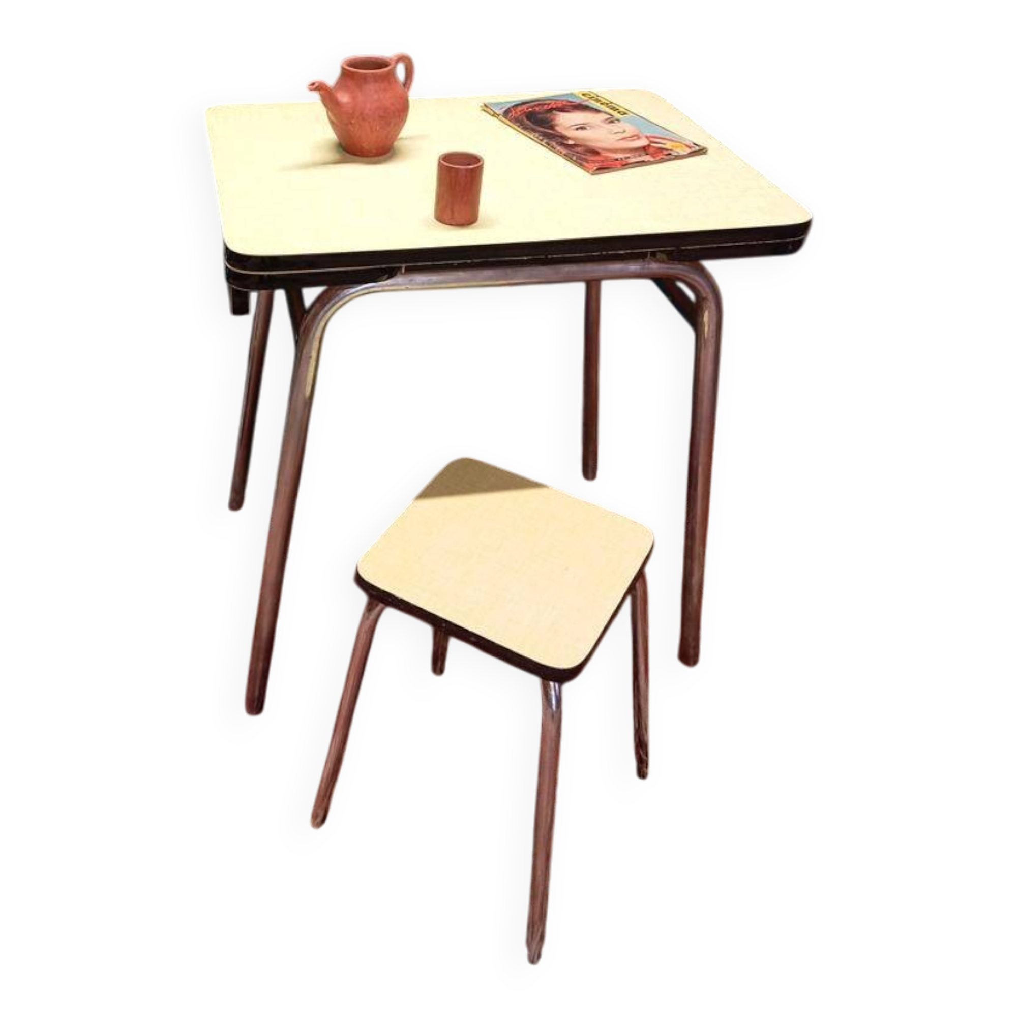Yellow formica table + stool