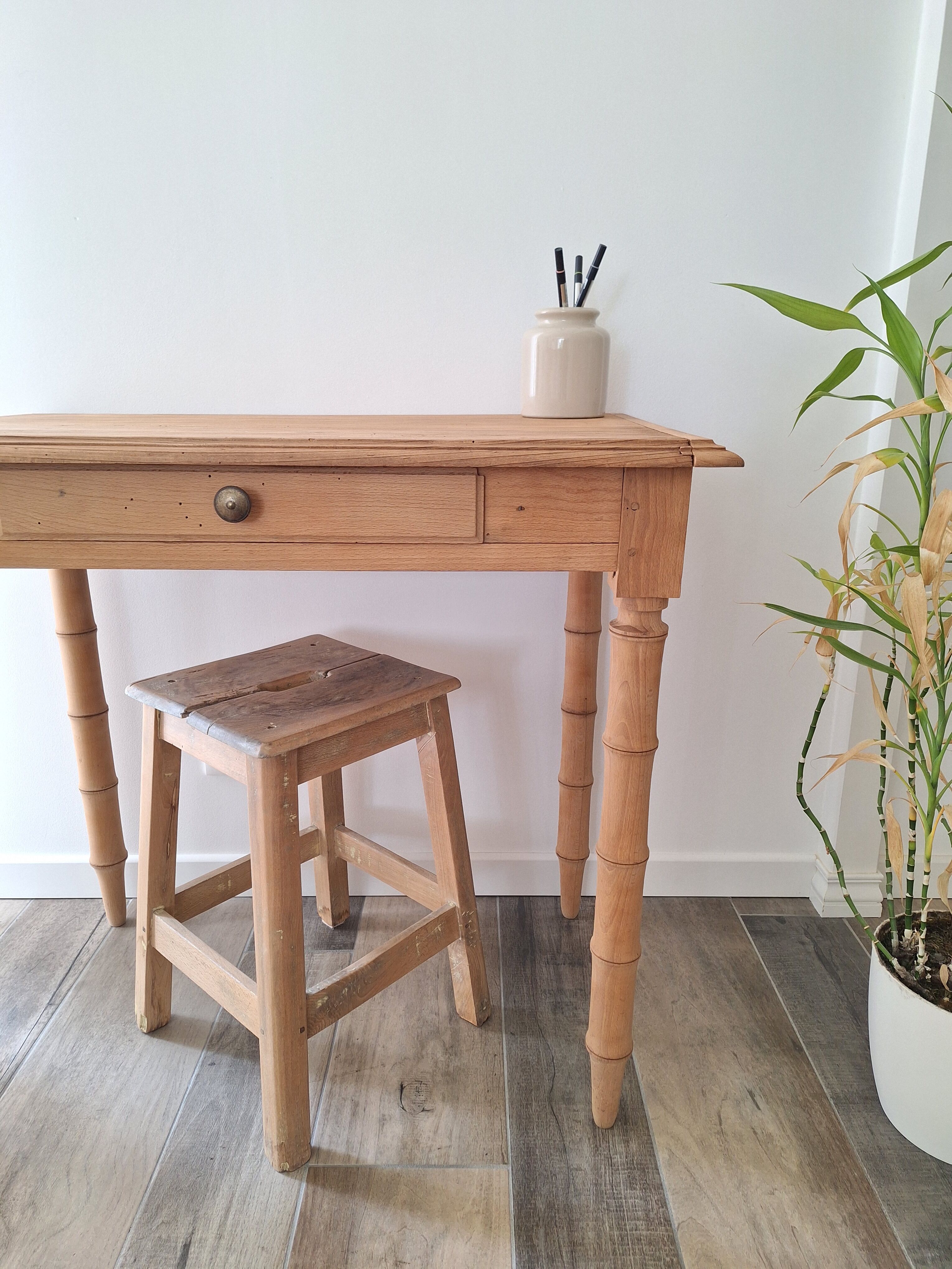 Old beech wood bureau/console/side table with bamboo legs.