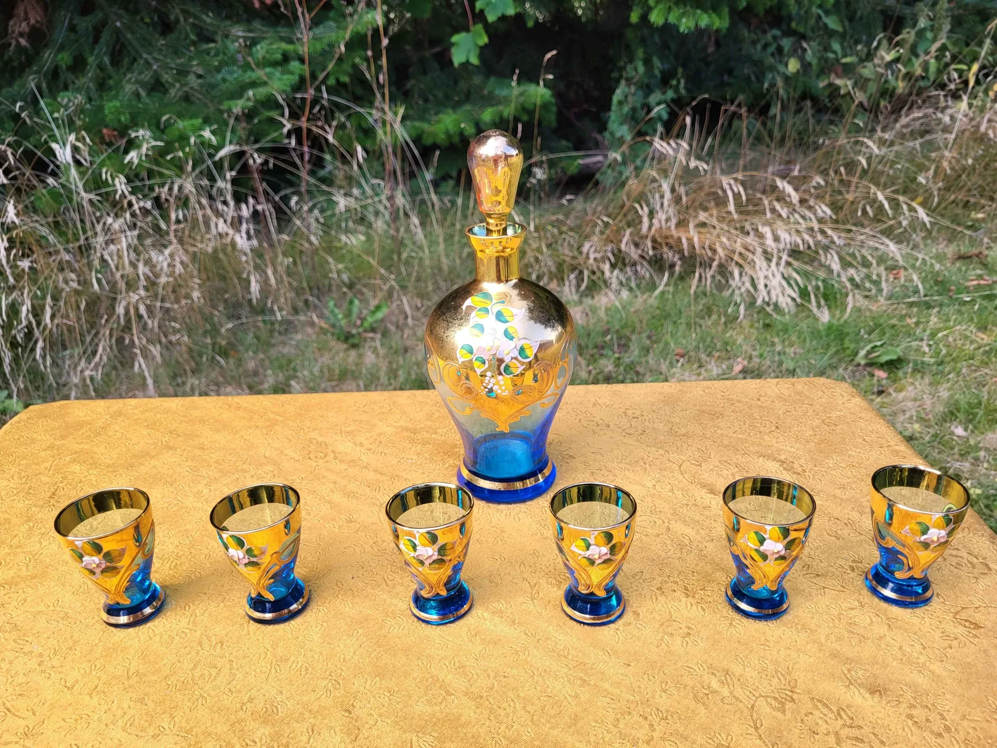 Vintage Murano Handmade Decanter Set - 24K Gold - Light blue 6 piece liquor