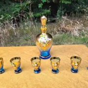 Vintage Murano Handmade Decanter Set - 24K Gold - Light blue 6 piece liquor