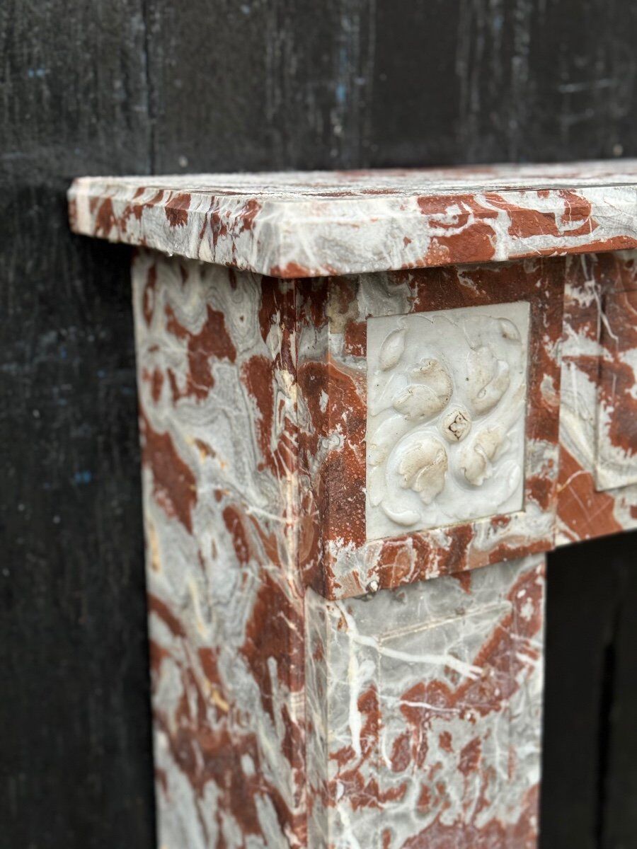 Louis XVI style fireplace in royal red and white Carrara marble circa 1900