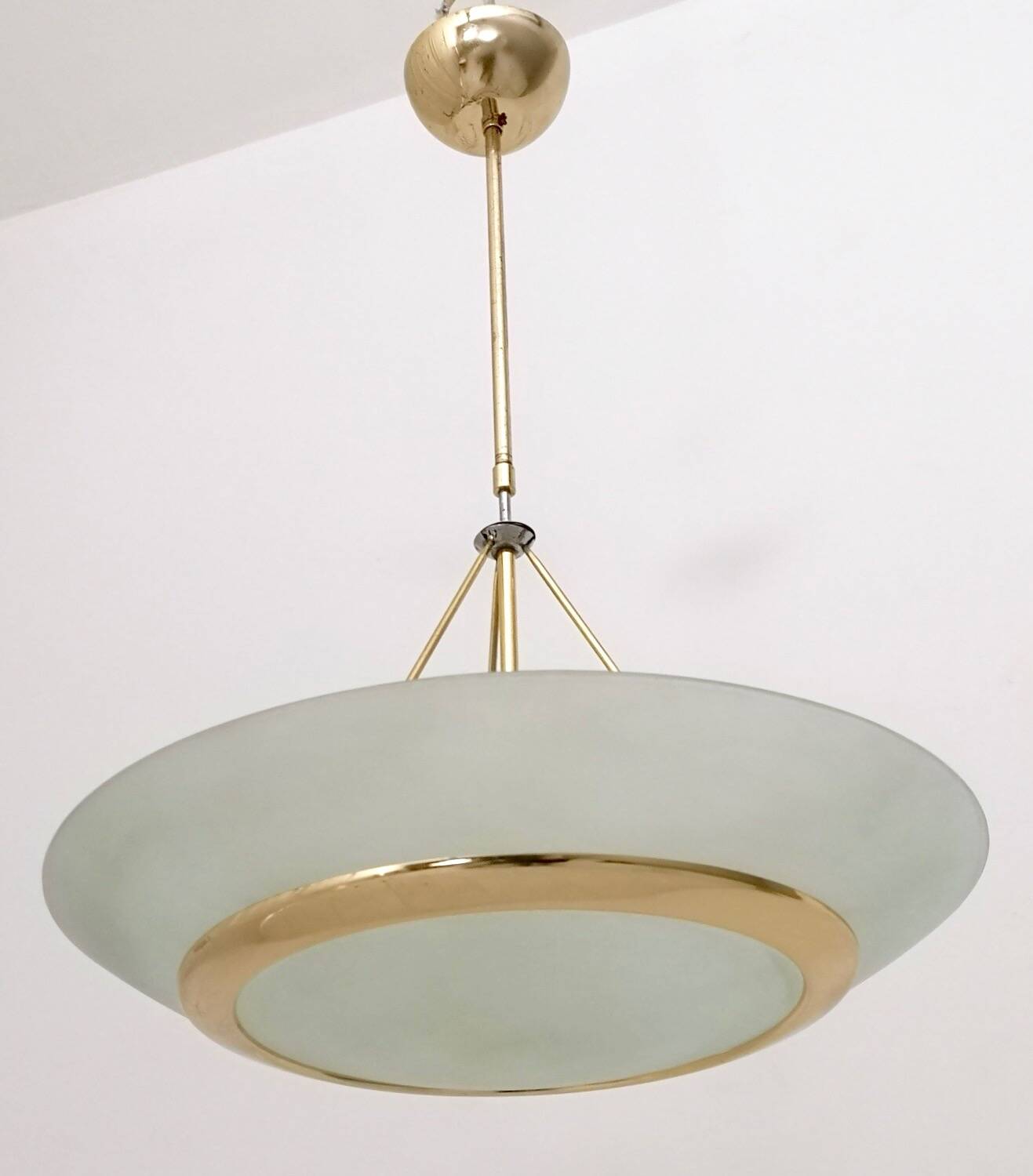 Brass and Aquamarine Etched Glass Bowl Pendant