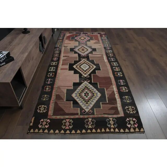 70's Brown Turkish Oushak Handmade Wool Geometric Motif Runner Rug 123x293