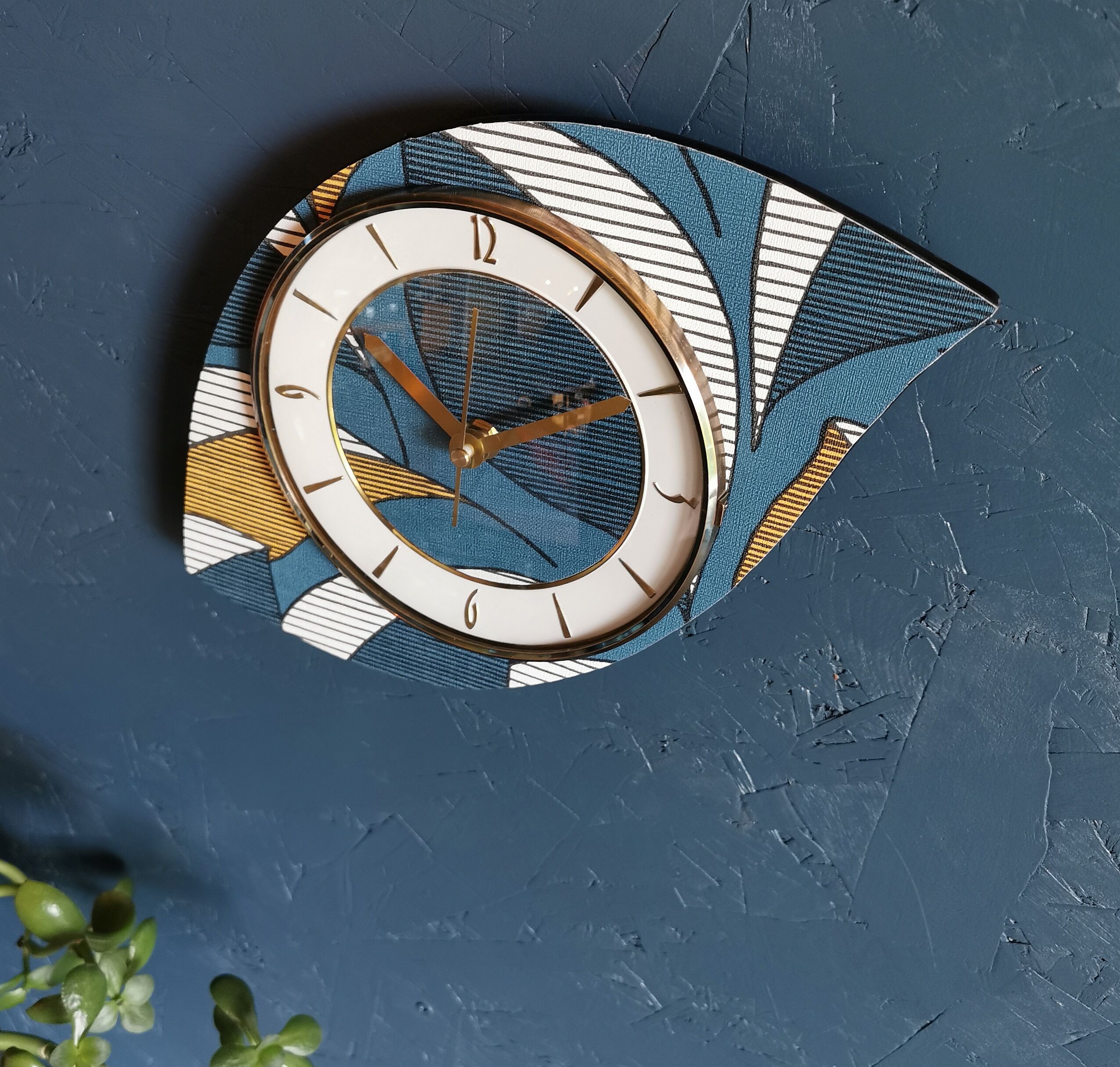 Vintage clock asymmetrical silent wall clock "Blue white ochre"