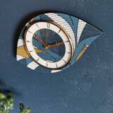 Vintage clock asymmetrical silent wall clock "Blue white ochre"