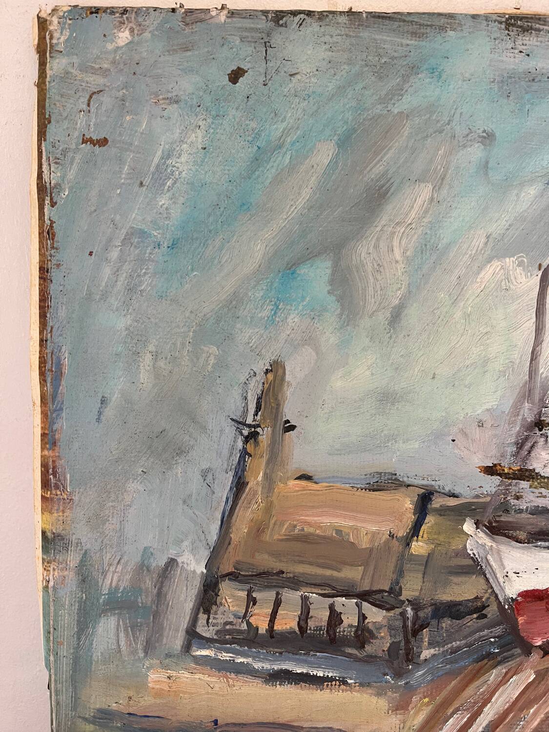 Boats in the harbor, oil on panel