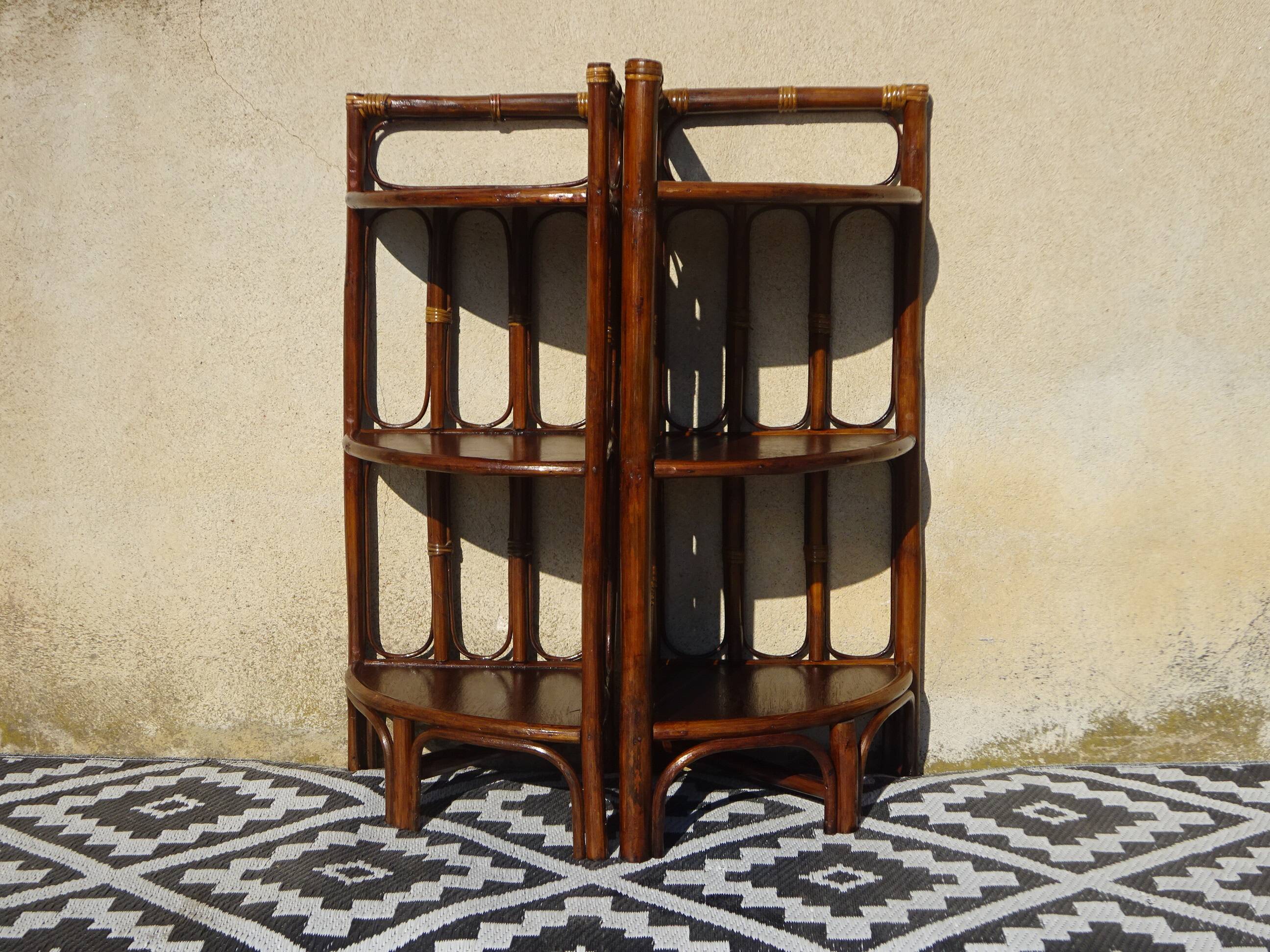 Rattan and bamboo bedside tables, both.