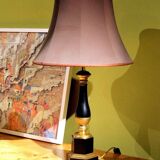 20th Century French Black Enamel Tole and Gilt Bronze Table Lamps with Silk Shade, Set of 2