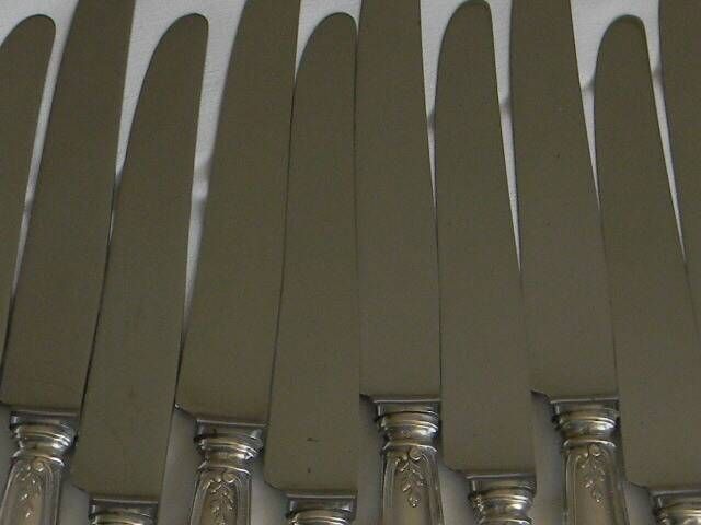 Set of 12 knives with silver metal handles and stainless steel blades.