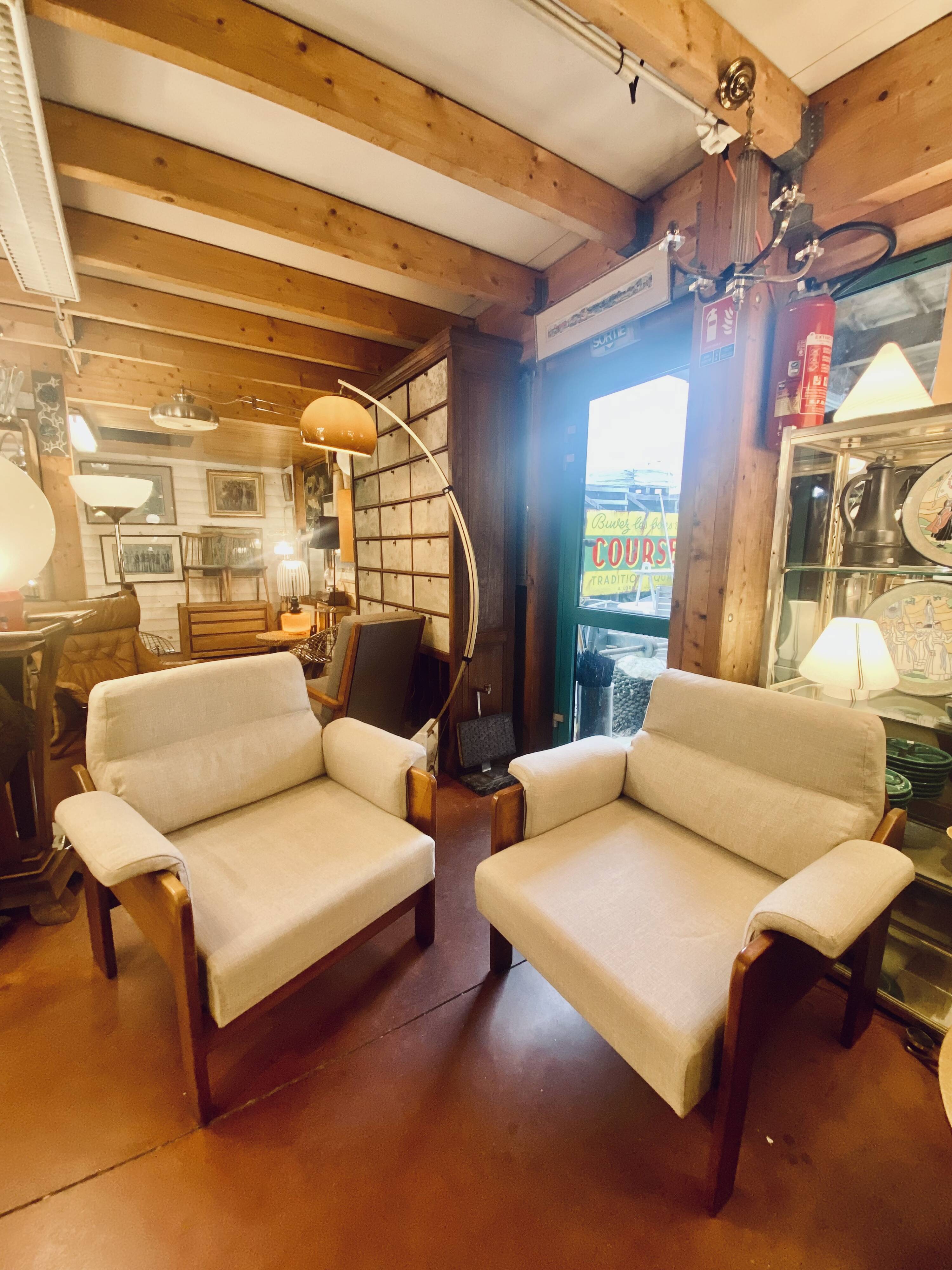 2 teak and fabric armchairs, 1960s