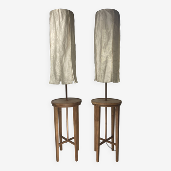 Pair wabi sabi teak and copper floor lamps, silk shades, by Jan des Bouvrie, Dutch 1990s