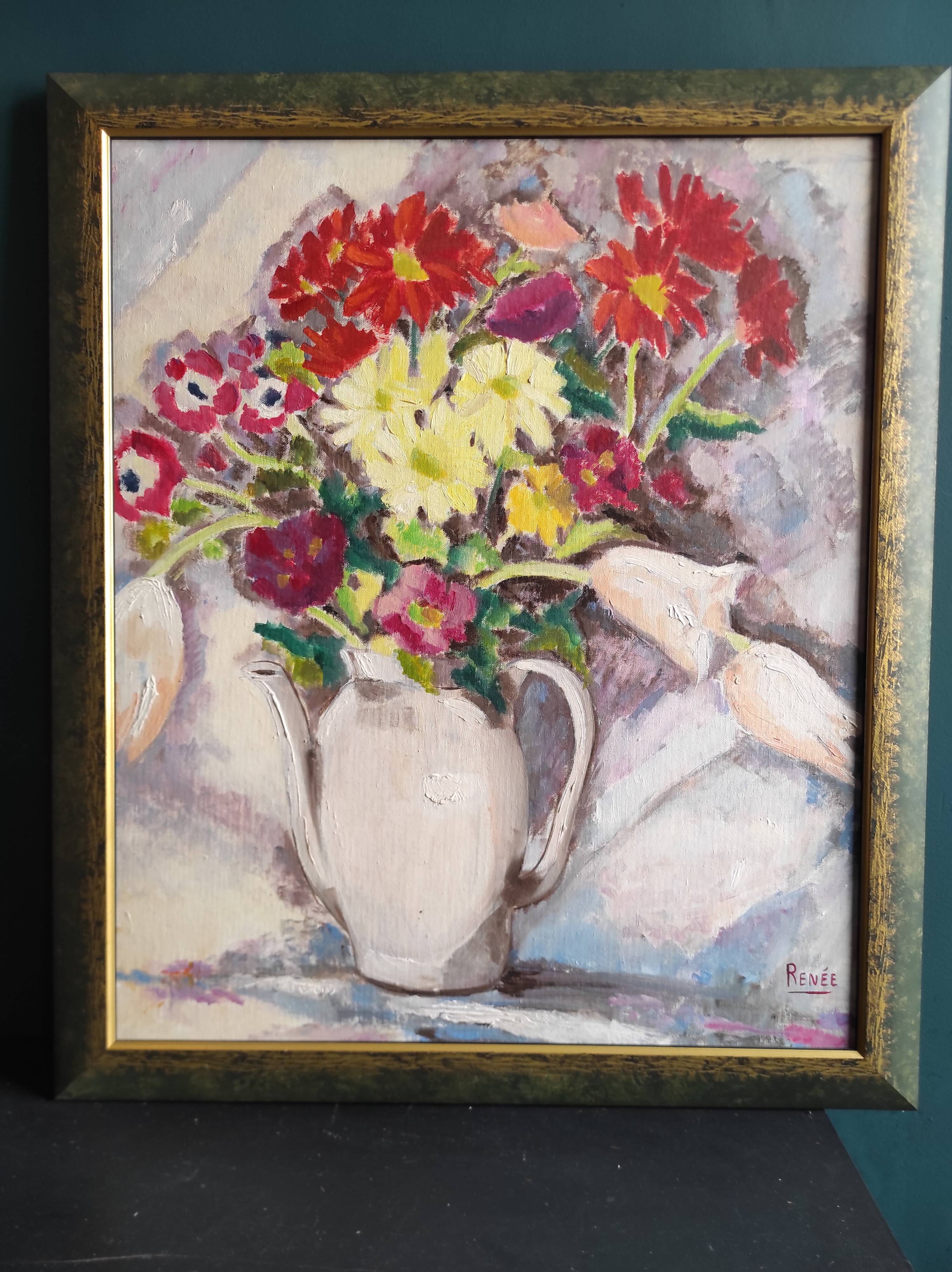 Vintage French oil painting of flowers, signed Renée