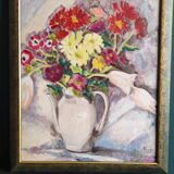 Vintage French oil painting of flowers, signed Renée