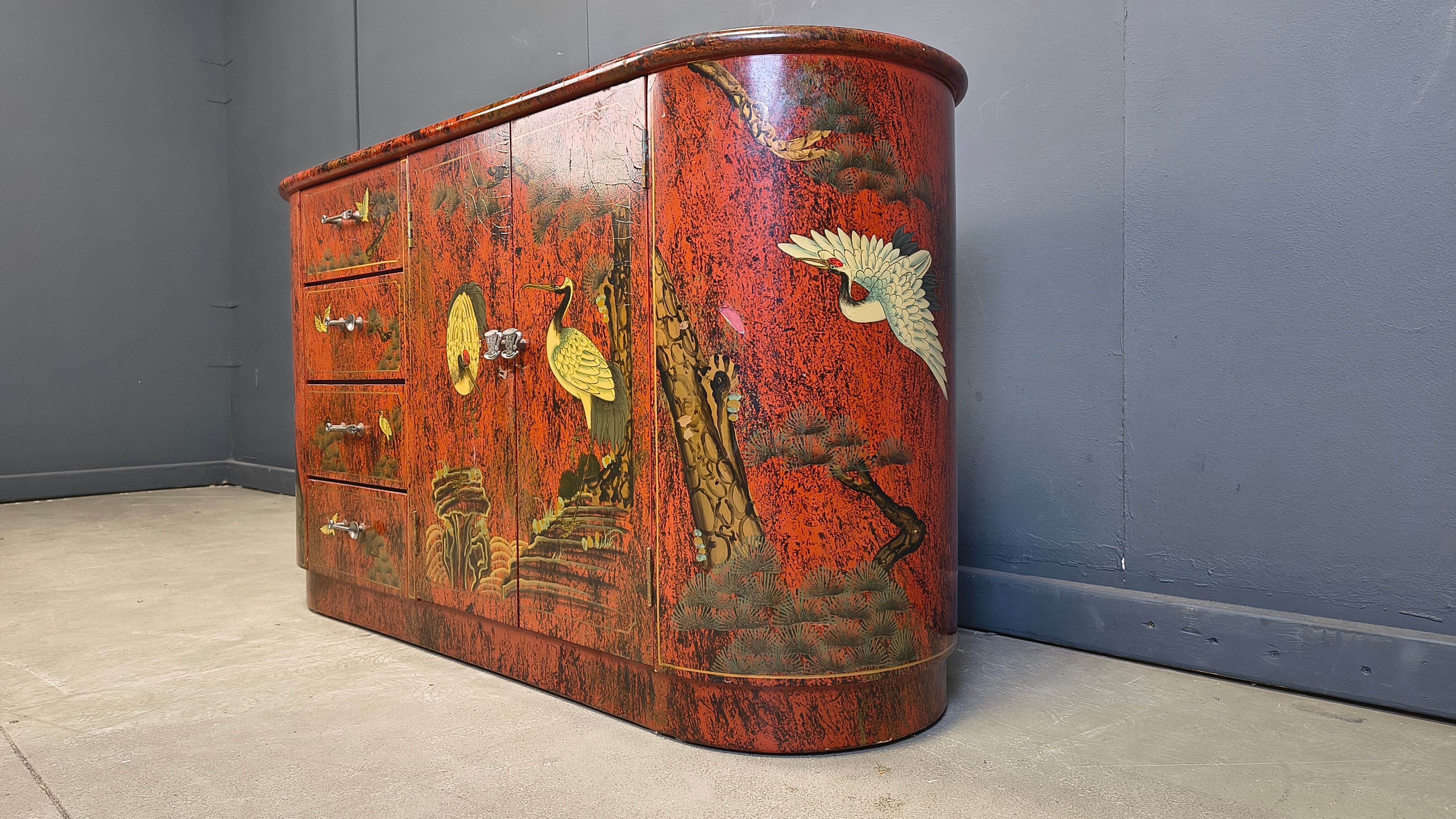 Vintage red chinoiserie cabinet, 1970s