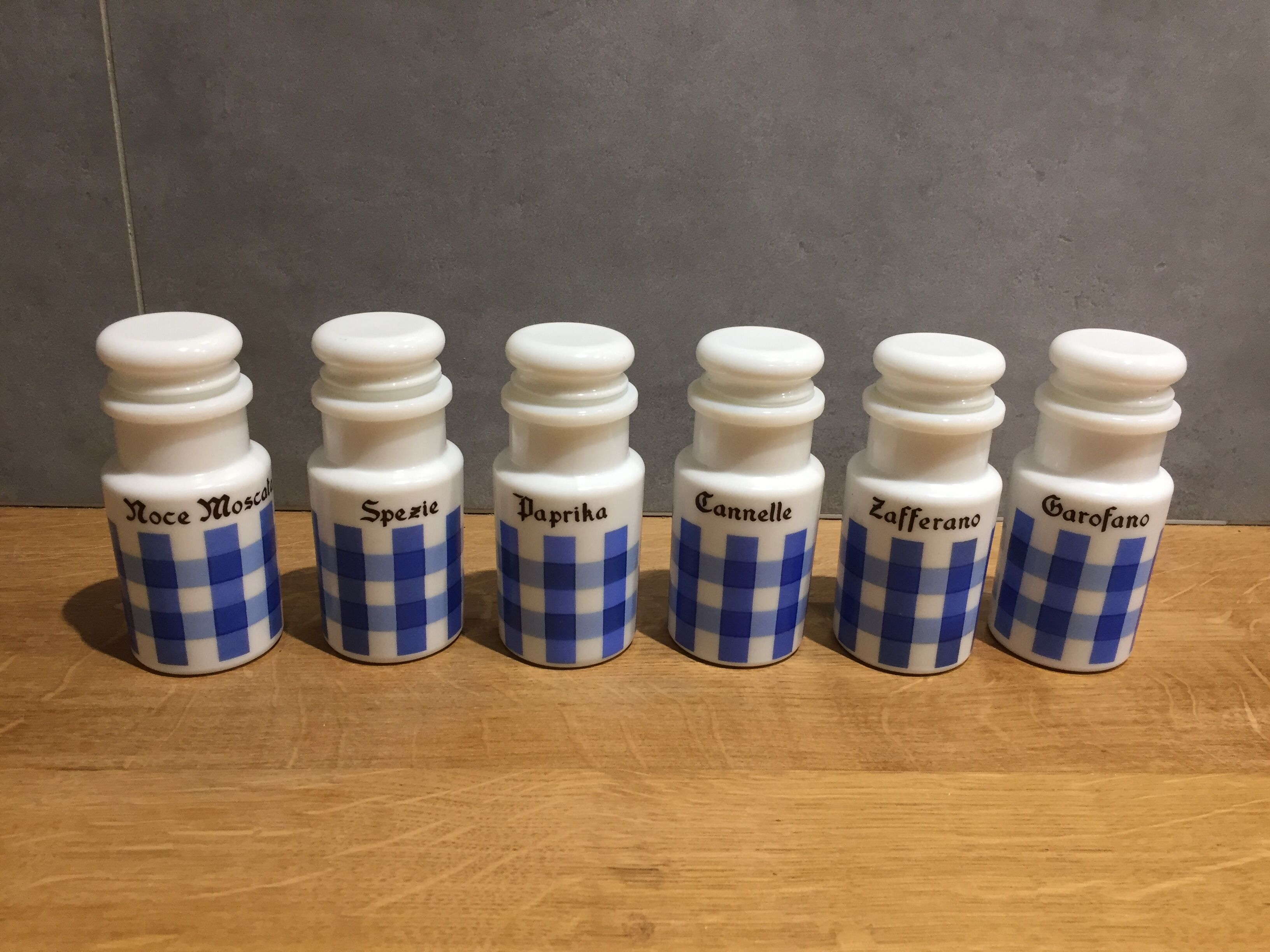Set of 6 opaline spice pots from the 1960s