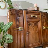 Art Deco black marble sideboard and vintage beveled mirror