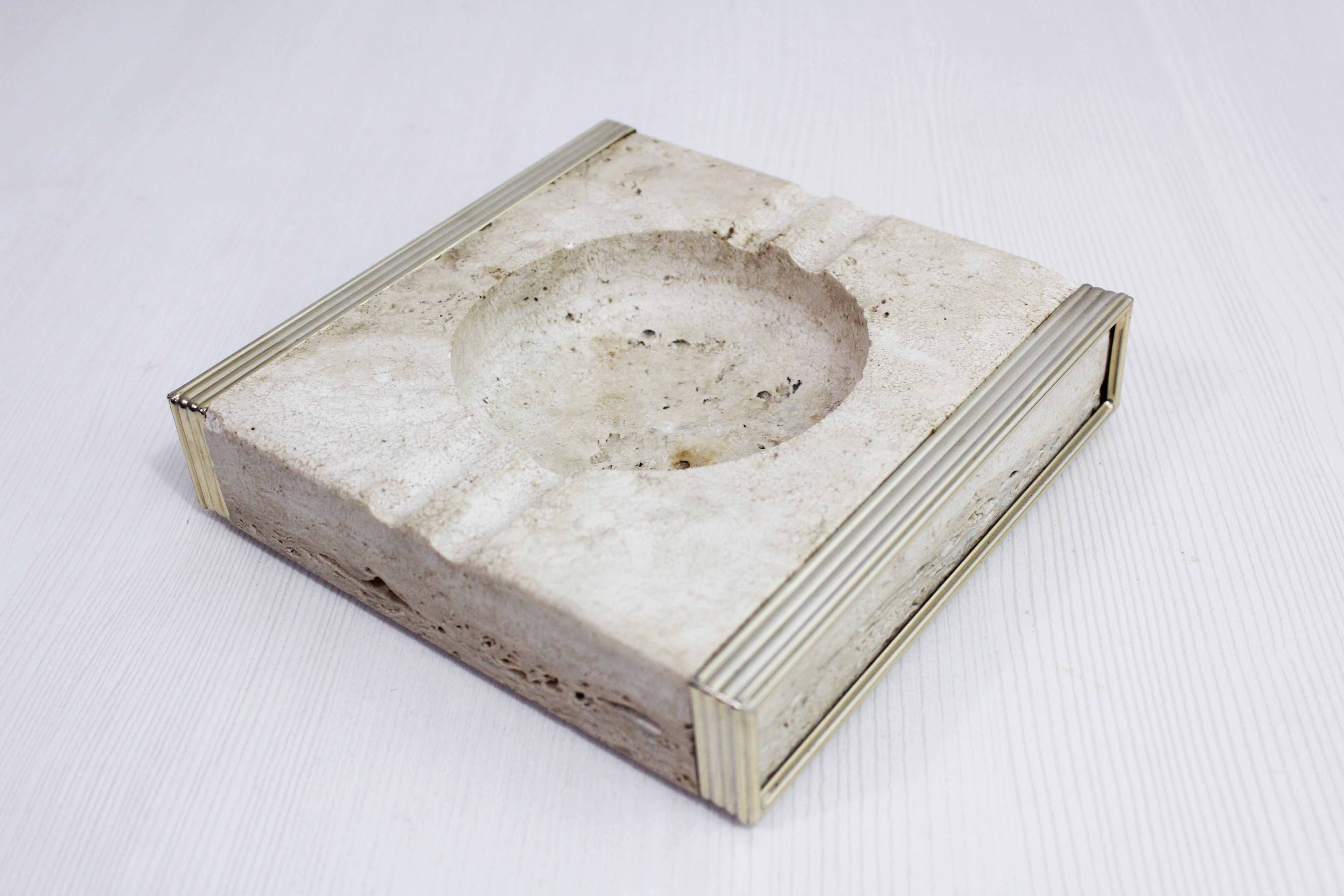 Travertine and brass ashtray