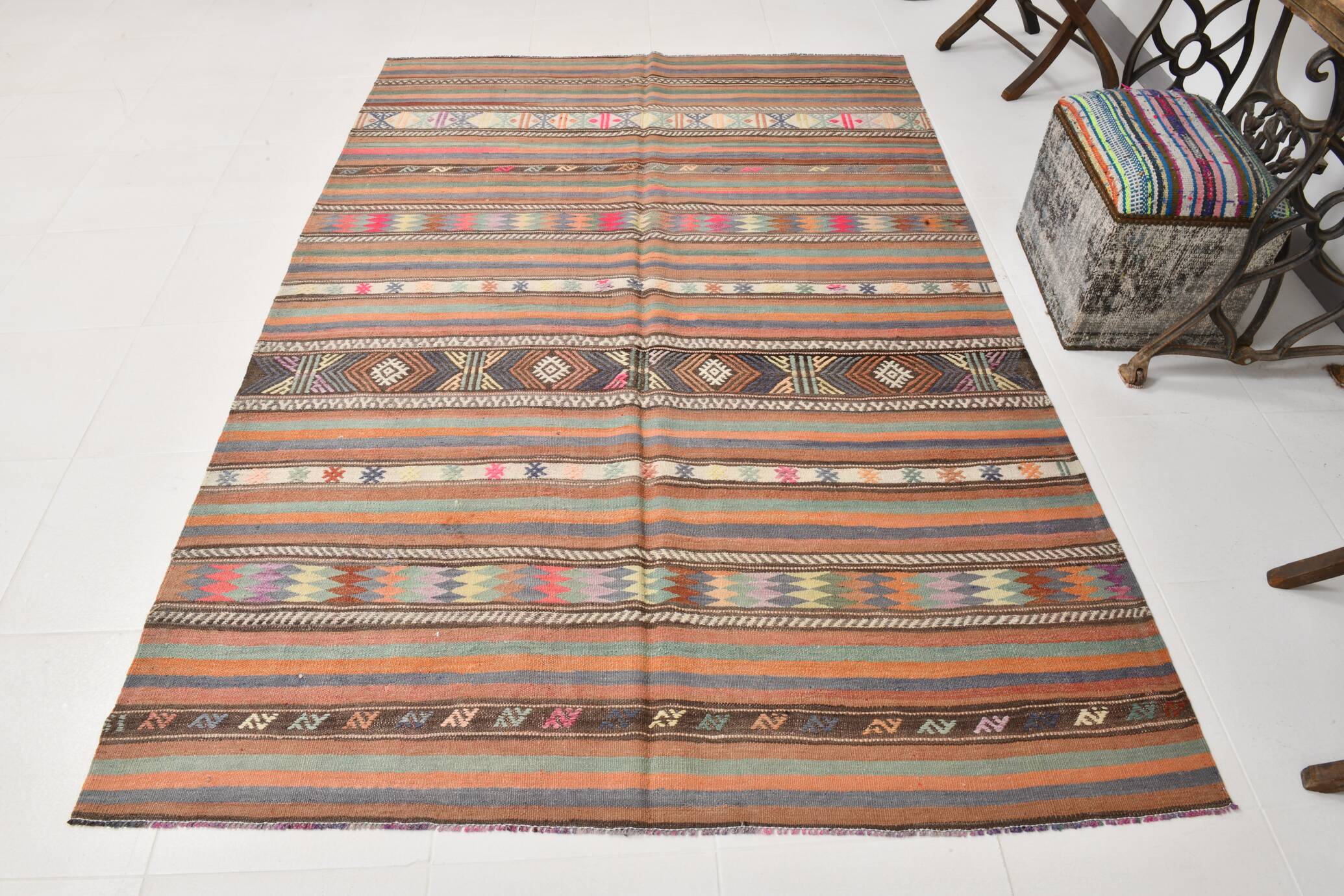 5x8 Orange Blue Striped Turkish Vintage Kilim Rug 170x245Cm