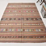5x8 Orange Blue Striped Turkish Vintage Kilim Rug 170x245Cm