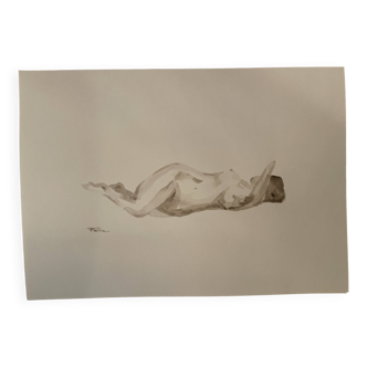 Tableau signé aquarelle monochrome sépia portrait féminin « lascivement allongée »
