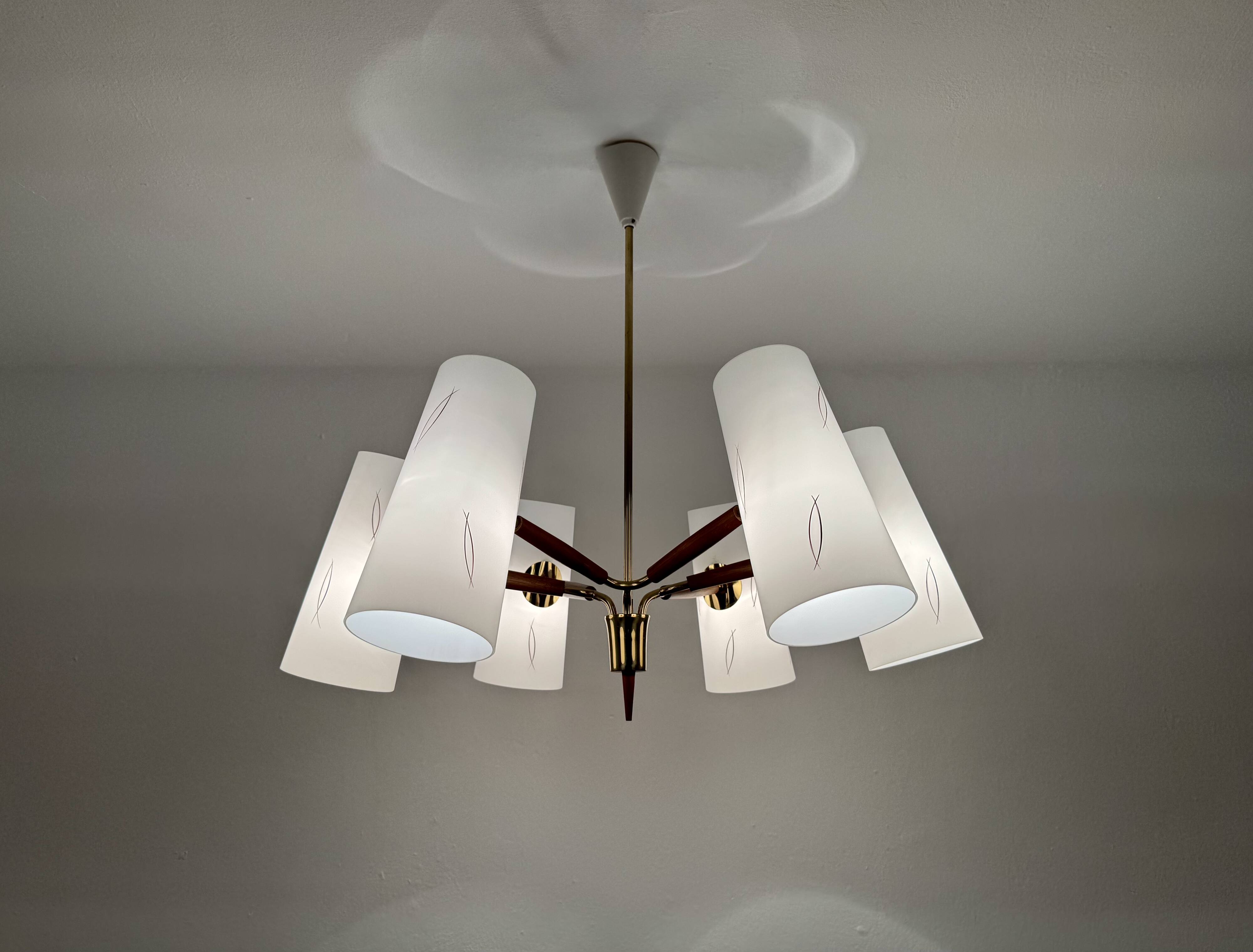 Brass and Walnut Chandelier by Rupert Nikoll