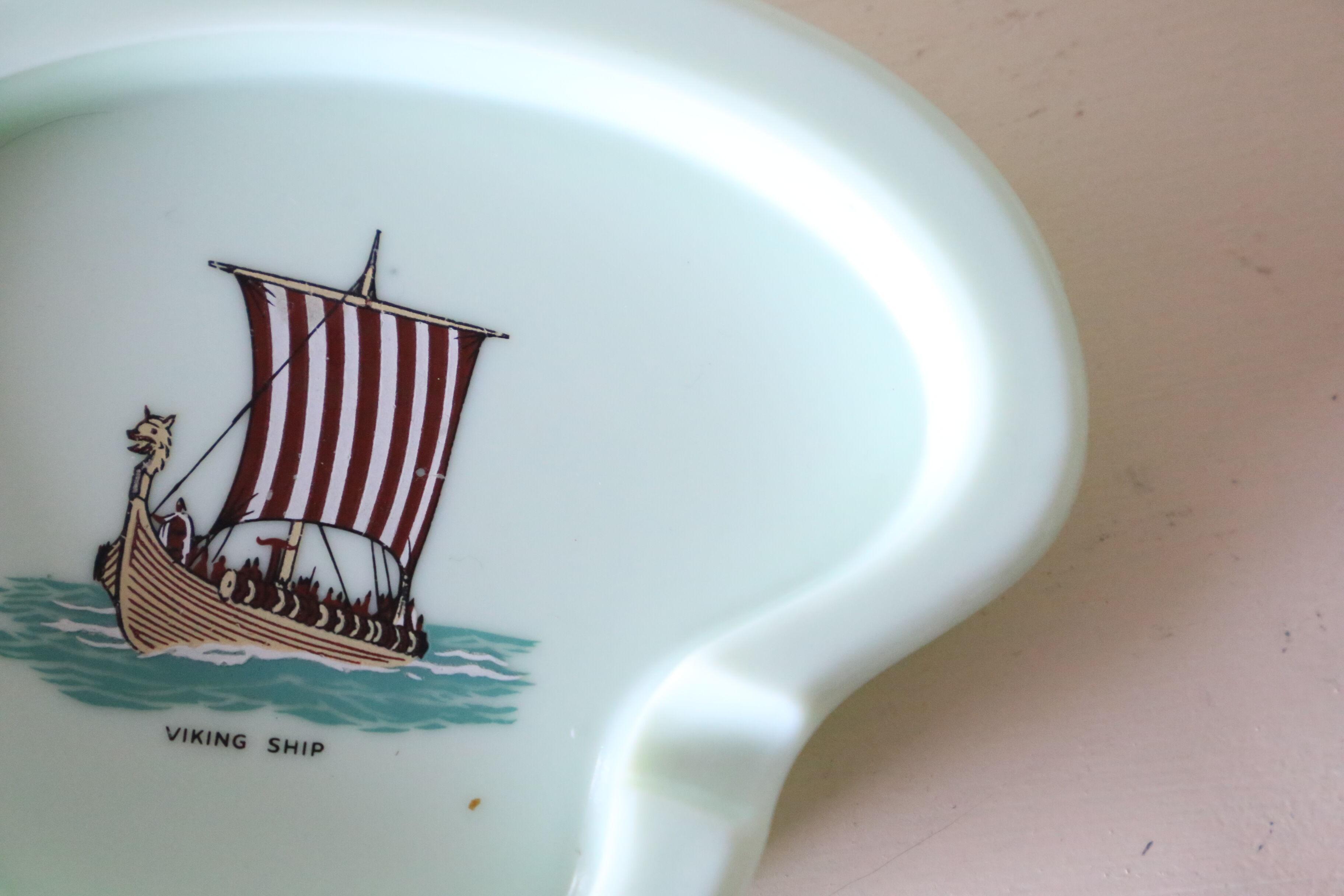 Opaline ashtray, mint color, Viking boat, vintage