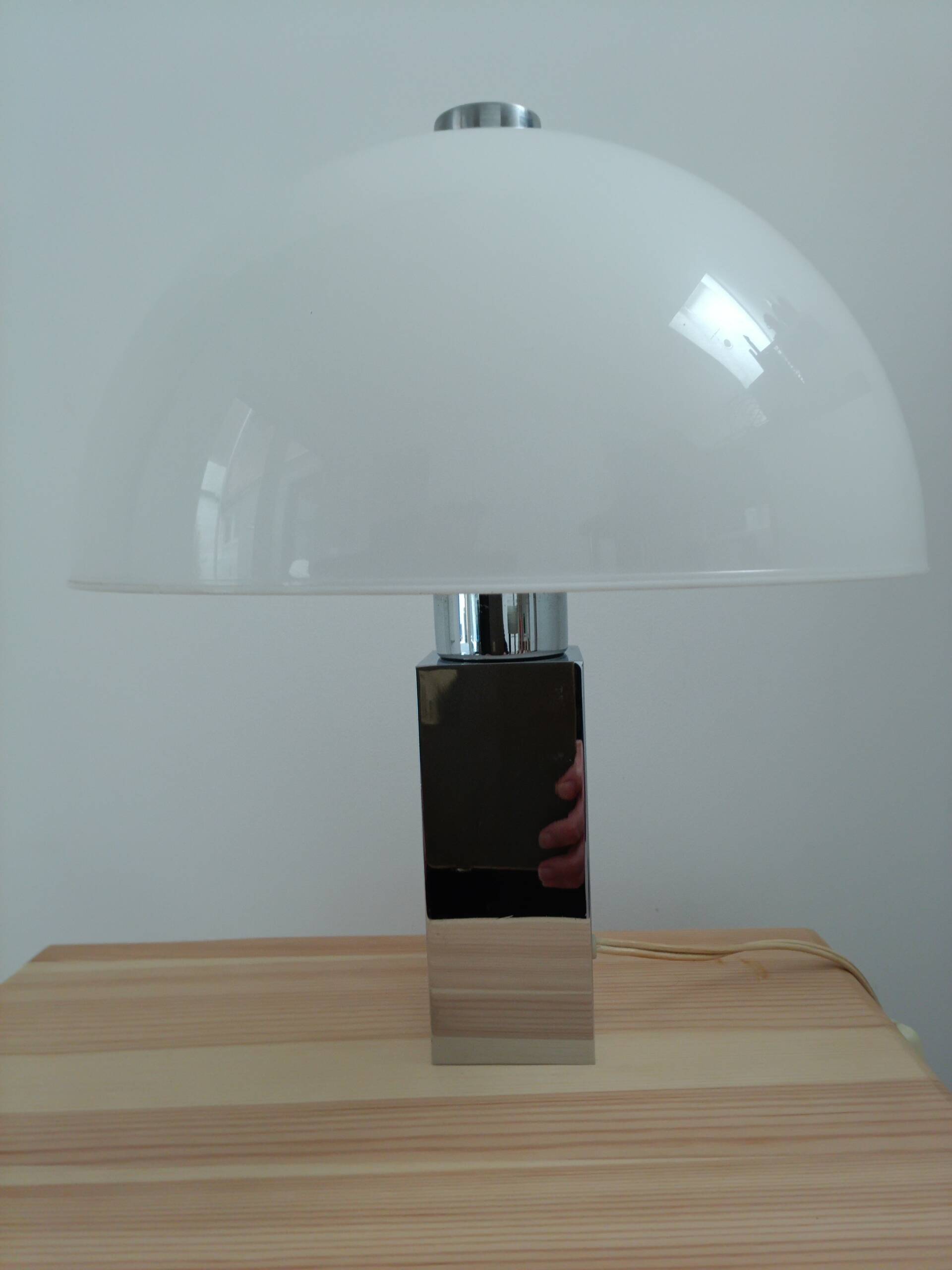 Vintage mushroom lamp, modernist square chrome base.