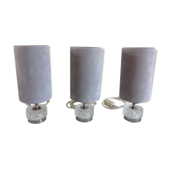 Suite of three lamps in structured glass and chrome/vintage years 70