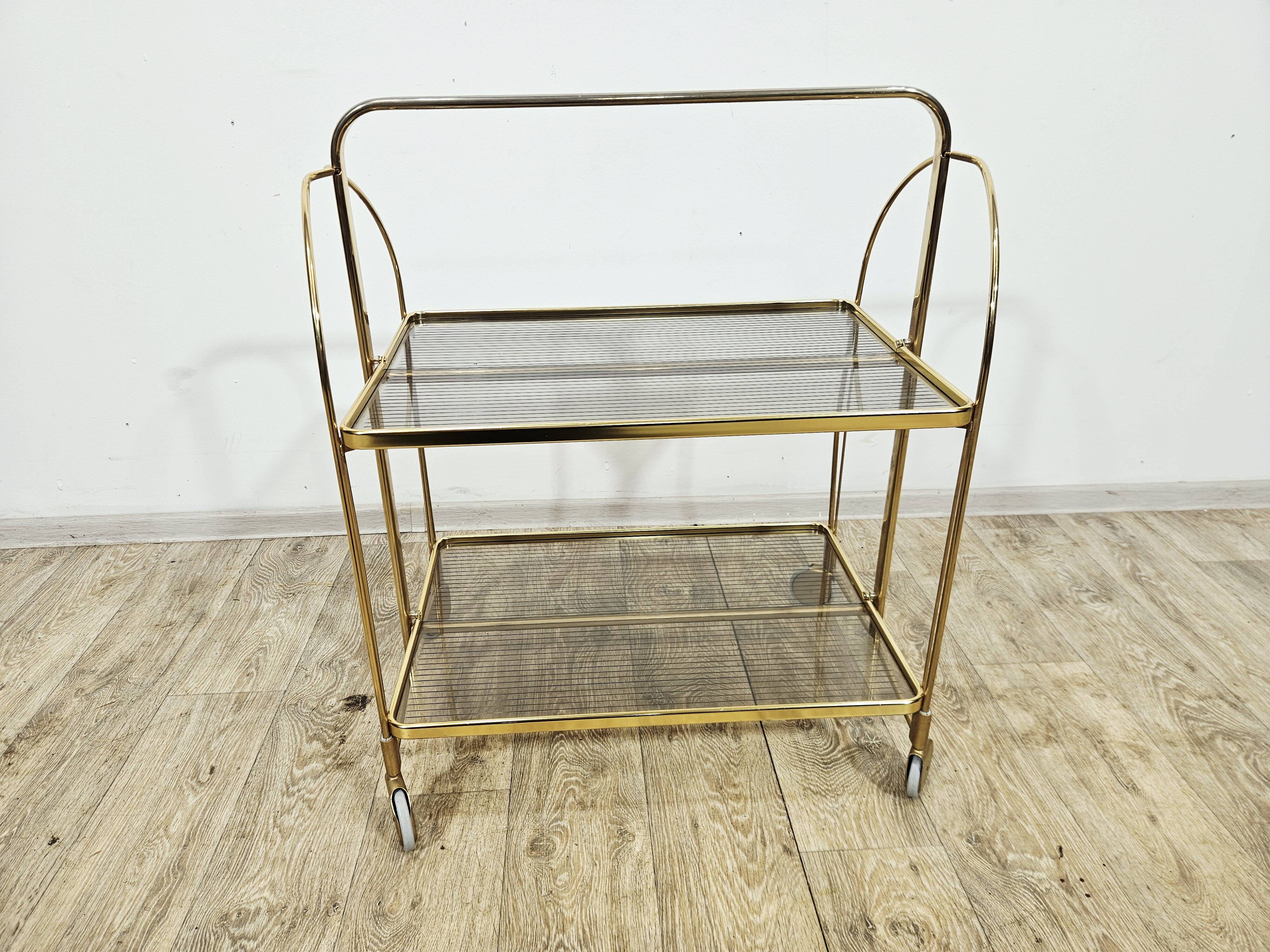Mid-Century Folding Bar Cart – Brass and Ribbed Plexiglass – 1960s