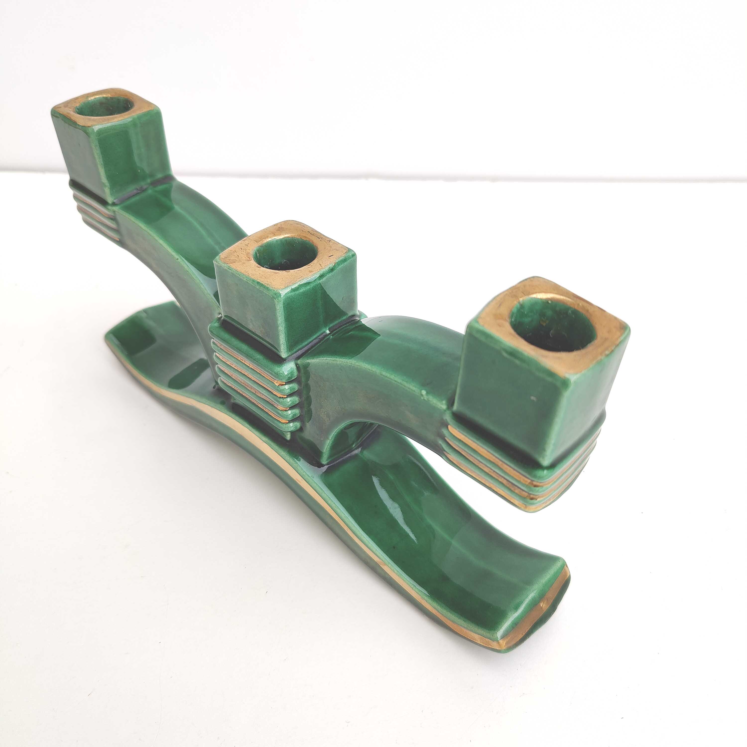 Candle holder 3 candles Art Deco green and gilded earthenware