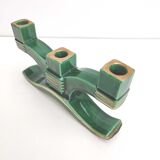 Candle holder 3 candles Art Deco green and gilded earthenware