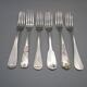 Set of 6 mismatched old silver metal forks for a chic table