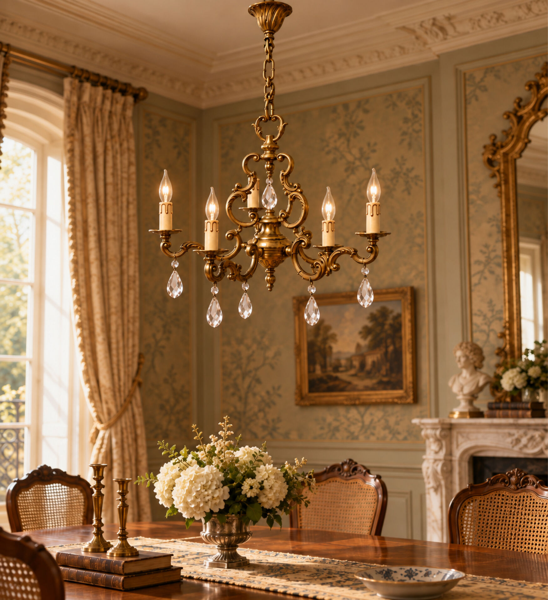 Brass chandelier with 5 branches and pendants in Louis XV style