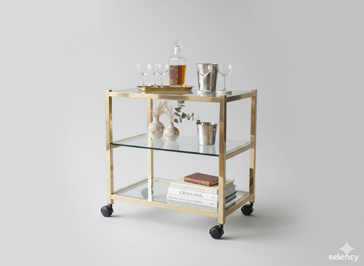 Desserte vintage en laiton et verre fumé – Style Maison Jansen – Années 70