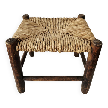 Petit tabouret en bois et paille rustique vintage -