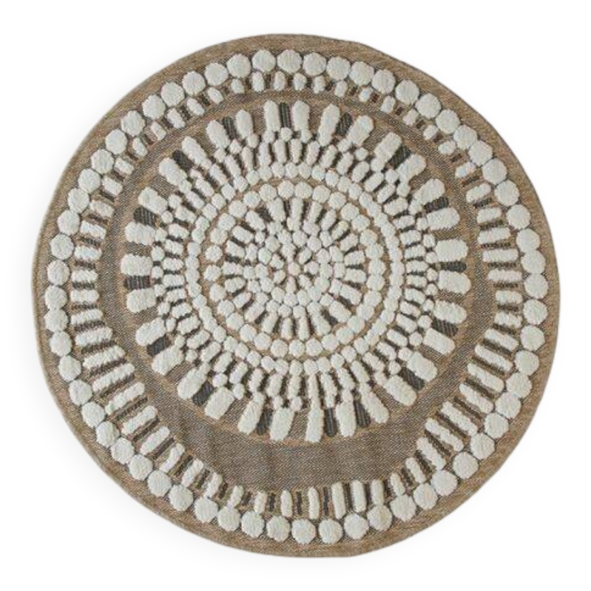 Round jute rug with white relief patterns, 90 cm