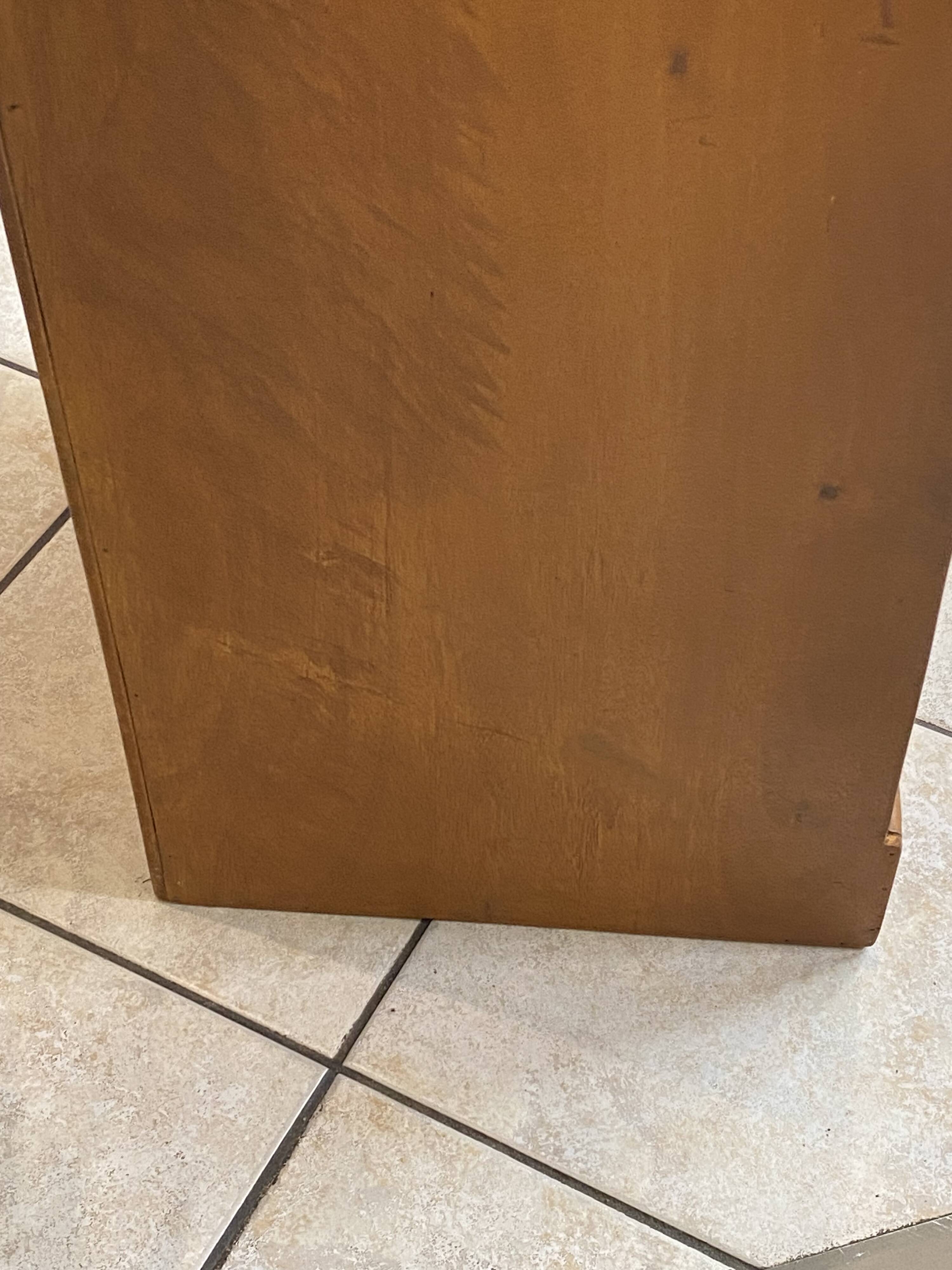 1950s oak office storage cabinet with curtains.