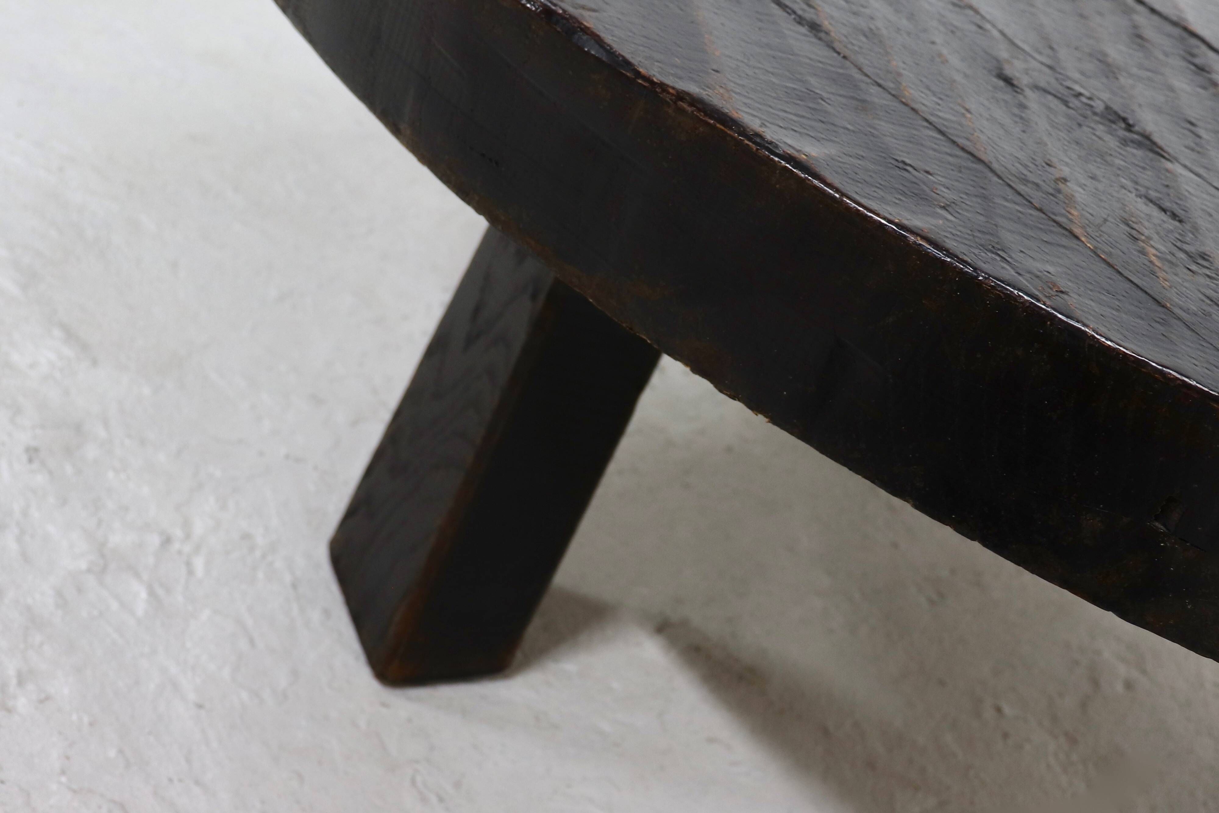 Brutalist Solid Stained Oak Round Tripod Coffee Table 1970s