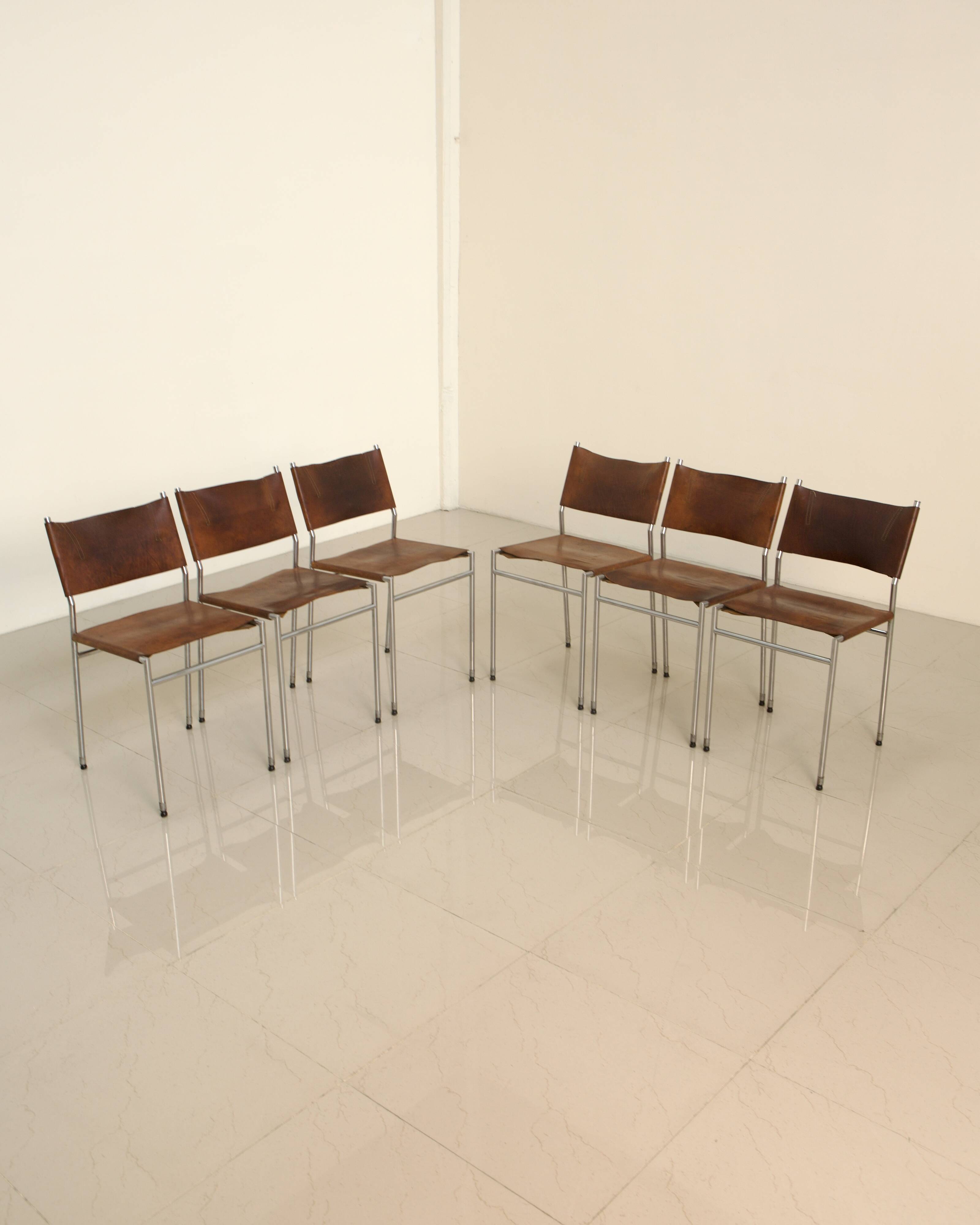 Set of 6 "SE06" chairs in patinated brown leather by Martin Visser for Spec