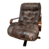Fauteuil scandinave 1970 en bois laminé courbé et assise en cuir